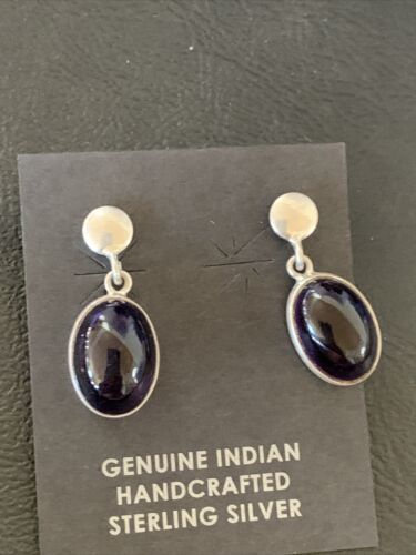 Navajo Black Onyx Post Drop Earrings | Sterling Silver | 0.5" | Authentic Native American Handmade | 12648