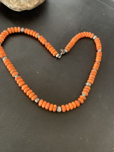 Southwestern Navajo Apple Coral Bead Necklace | Sponge Sterling Silver | Authentic Native American Handmade | 20" | 02043