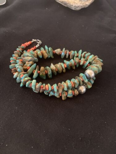 Navajo Green Turquoise & Spiny Oyster  Necklace | Sterling Silver | 26" Graduated | Authentic Native American | 00609