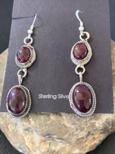 Navajo Purple Spiny Oyster Dangle Earrings | Sterling Silver | Authentic Native American Handmade | 12508
