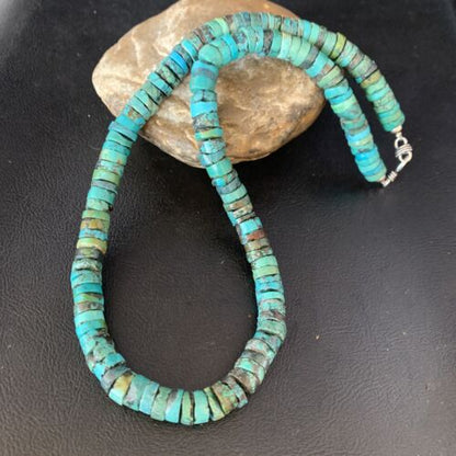 Turquoise Heishi Bead Necklace | 12mm | 20" | Sterling Silver | Native American Handmade | 13931