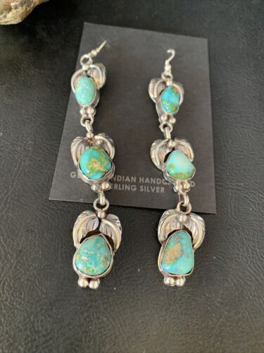 Navajo Green Turquoise Earrings | Sonoran Gold | Sterling Silver | 3 Dangle | Authentic Native American Handmade | 13925