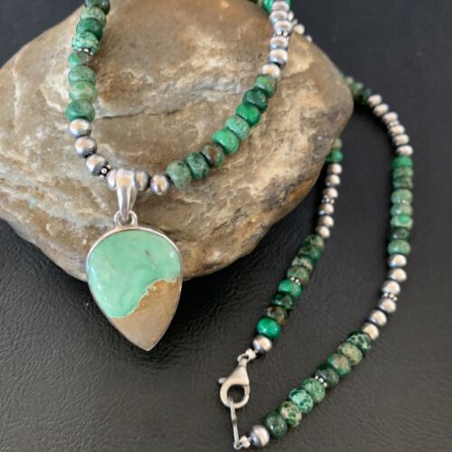 Navajo Green Turquoise Pendant Necklace | Sterling Silver Beads | Authentic Native American Handmade | 13366