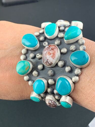 Men's Blue Turquoise Wild Horse Cuff Bracelet | Sterling Silver | Navajo Handmade | 4228 - Masha USA