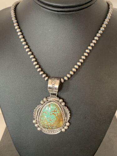 Men's Sterling Silver Turquoise #8 Pendant | Navajo Pearl Necklace | Authentic Native American Handmade | 207