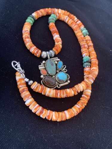 Navajo Green Turquoise and Spiny Bead Pendant Necklace | Sterling Silver | Authentic Native American Handmade | 00575