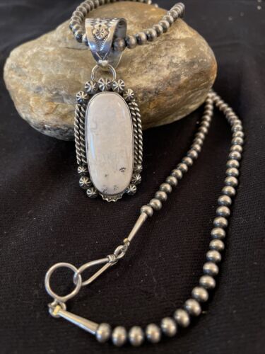 Men's White Buffalo Turquoise Pendant | Navajo Pearl Sterling Silver Necklace | Authentic Native American Handmade | 1072