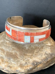 Native American Zuni Red Spiny Oyster Opal Inlay Cuff Bracelet | Sterling Silver | 12096