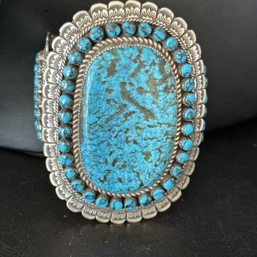 Handmade Native American Blue Kingman Turquoise Cuff Bracelet | Sterling Silver | 14223