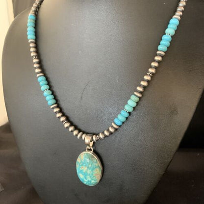 Navajo Blue Turquoise Pendant Necklace | Sterling Silver | Authentic Native American Handmade | 13868