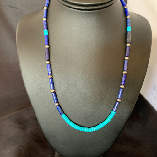 Native American Men's Navajo Lapis Turquoise Bead Necklace | Sterling Silver | 21" | 12471