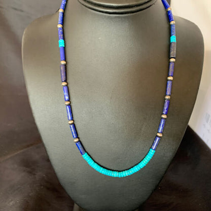 Native American Men's Navajo Lapis Turquoise Bead Necklace | Sterling Silver | 21" | 12471