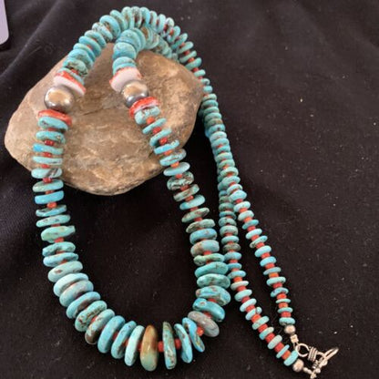 Authentic Native American Navajo Sterling Silver Necklace | Blue Turquoise & Spiny Oyster | 32" | 01672