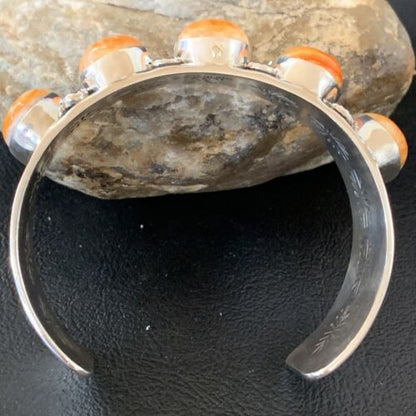 Native American Navajo Orange Spiny Oyster Row Cuff Bracelet | Sterling Silver | 1409