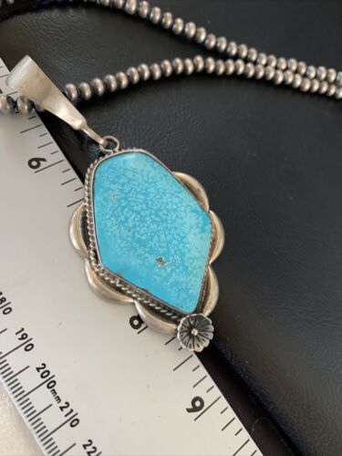 Men's Navajo Pearls Necklace with Blue Kingman Turquoise Pendant | Sterling Silver | Native American | 13255