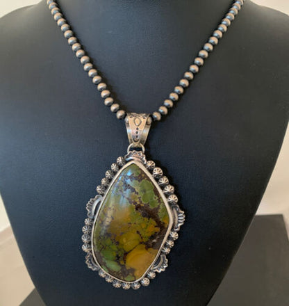Navajo Green Kingman Turquoise Pendant Necklace | Sterling Silver | Authentic Native American Handmade | 1311