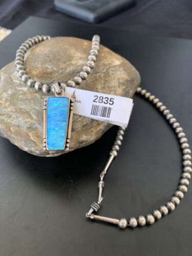 Blue Opal Inlay Necklace Pendant | Navajo Pearls | Sterling Silver | Authentic Native American Handmade | 2835 - Masha USA