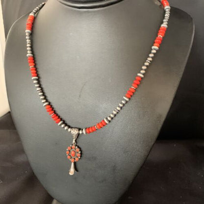 Authentic Navajo Red Coral Naja Pendant Necklace | Sterling Silver | Southwestern Style | 13881