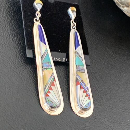 Navajo Multi-Color Turquoise Coral Mother of Pearl Inlay Earrings | Sterling Silver | 3" | 2097