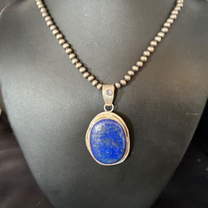 Native American Men's Navajo Pearls Necklace Pendant | Sterling Silver Lapis | 14467