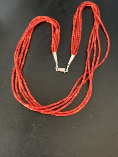 Natural Red Coral Rice Heishi Beads Necklace | 5 Strand | Sterling Silver | 20" | 12927