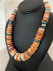 Authentic Native American Necklace | Orange Spiny Oyster & Turquoise | Navajo Pearls Sterling Silver | 20"