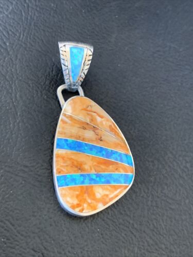 Men's Navajo Orange Spiny Oyster Blue Opal Inlay Pendant | Sterling Silver | Native American Handmade | 12487