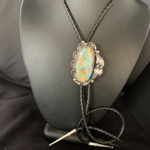 Navajo Green Royston Turquoise Bolo Tie | Sterling Silver | Authentic Native American Handmade | 14106
