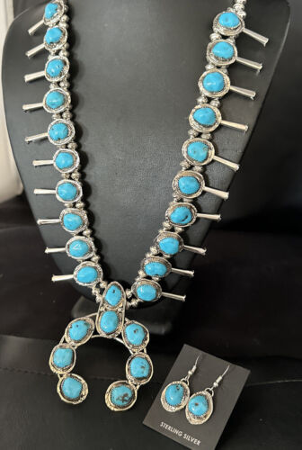 Kingman Turquoise Squash Blossom Necklace | Navajo Sterling Silver Naja | Authentic Native American | 14456