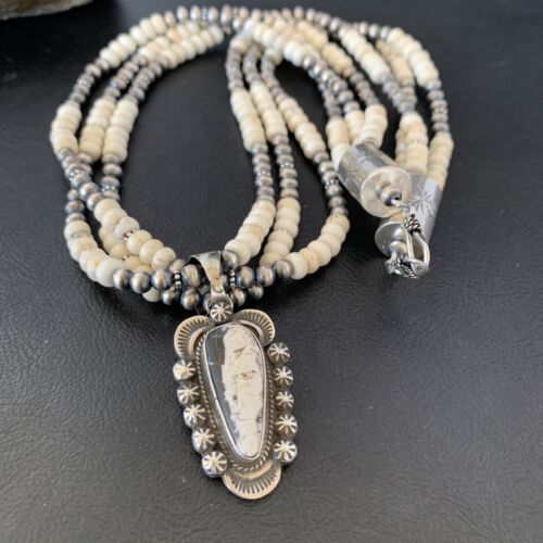 Navajo White Buffalo Turquoise Pendant Necklace | Sterling Silver | 3-Strand | Authentic Native American Handmade | 10642