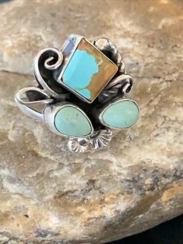 Navajo Men's Sterling Silver Ring | Blue Turquoise #8 Multi-Stone | Sz 10 | Native American Handmade | 2167