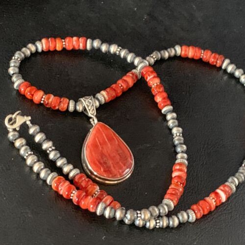 Navajo Red Spiny Oyster Necklace | Sterling Silver Pendant | Authentic Native American Handmade | Men's | 13815