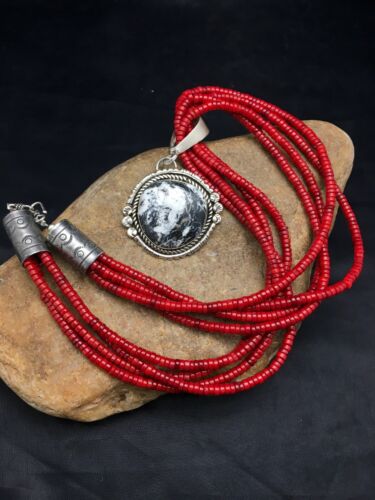 Navajo White Buffalo Turquoise Pendant with Coral | 4-Strand Silver Necklace | Authentic Native American Handmade | 3848