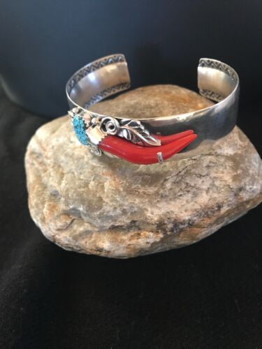 Navajo Spider Web Turquoise Coral Bracelet | Sterling Silver | Authentic Native American Handmade | 11716