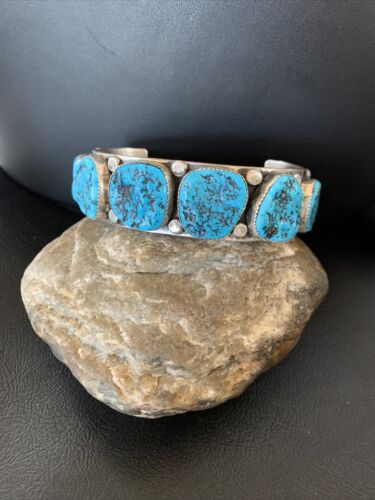 XL Navajo Sterling Silver Blue Kingman Turquoise Cuff Bracelet 6 Stone 12166