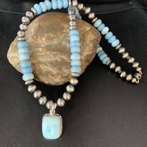 Men's Navajo Sterling Silver Necklace | Blue Larimar Pendant 10mm | Natural | 14003