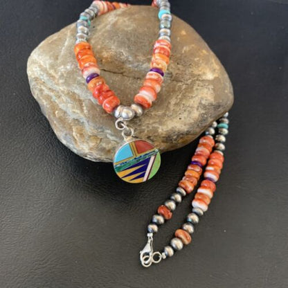 Multi-Color Turquoise & Spiny Oyster Inlay Necklace Pendant | Navajo Sterling Silver | Authentic Native American Handmade | 12721