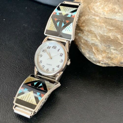 Navajo Men's Watch Tips | Sterling Silver with Onyx, Coral, Turquoise Inlay | Authentic Native American Jewelry | 11576