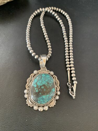 Men's Navajo Blue Spiderweb Turquoise Pendant Necklace | Sterling Silver | Authentic Native American Handmade | 10234