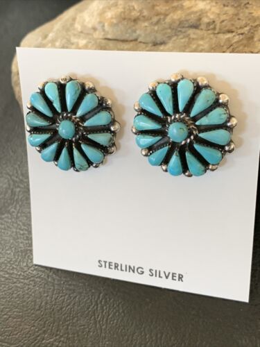 Navajo Blue Cluster Turquoise Stud Post Earrings | Sterling Silver | Authentic Native American Handmade | 12301
