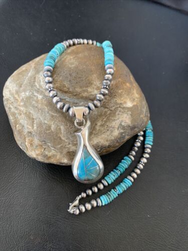 Navajo Pearl Necklace with Blue Turquoise Pottery Pendant | Sterling Silver | Authentic Native American Handmade | 12502
