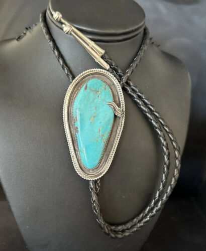 Native American Men's Bolo Tie | Blue Kingman Turquoise | Sterling Silver | Navajo Handmade | 14525