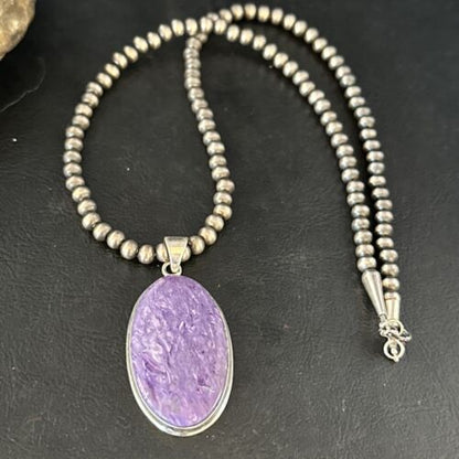 Navajo Pearls Necklace with Purple Charoite Pendant | Sterling Silver | Authentic Native American Handmade | 14464