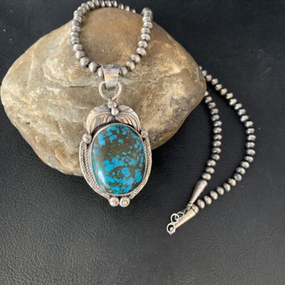 Navajo Spiderweb Turquoise Pendant Necklace | Sterling Silver | 2.25" | Authentic Native American Handmade | 14061