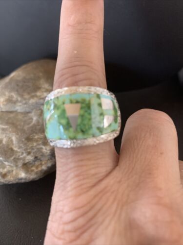 Navajo Green Sonoran Turquoise Inlay Ring | Sterling Silver | Sz 10 | Authentic Native American Handmade | 2080