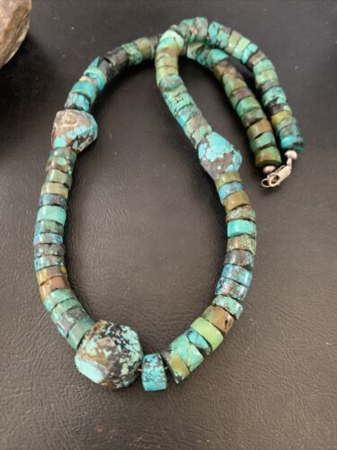 Chunky Men's Navajo Spiderweb Turquoise Heishi Necklace | Sterling Silver | 21" | 124504 - Masha USA