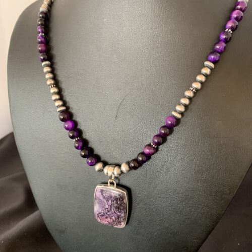 Navajo Pearls Purple Sugilite Onyx Necklace Pendant | Sterling Silver | Authentic Native American Handmade | 13395
