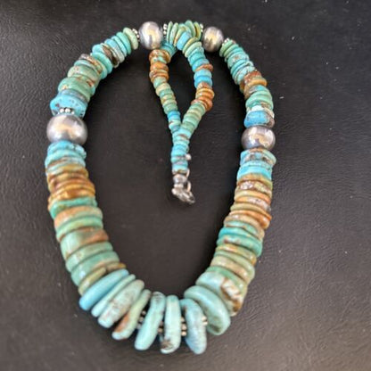 Navajo Blue Green Turquoise Bead Necklace | Sterling Silver | Graduated | Authentic Native American | 20" | 14240