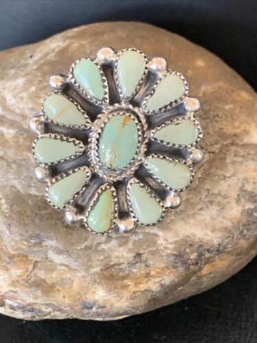 Navajo Women's Green Turquoise Multi-Stone Cluster Ring | Authentic Native American Sterling Silver | Sz 9 | 12194