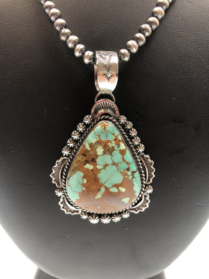 Navajo Pearls Necklace with Blue Turquoise #8 Pendant | Sterling Silver | Native American Handmade | 11294